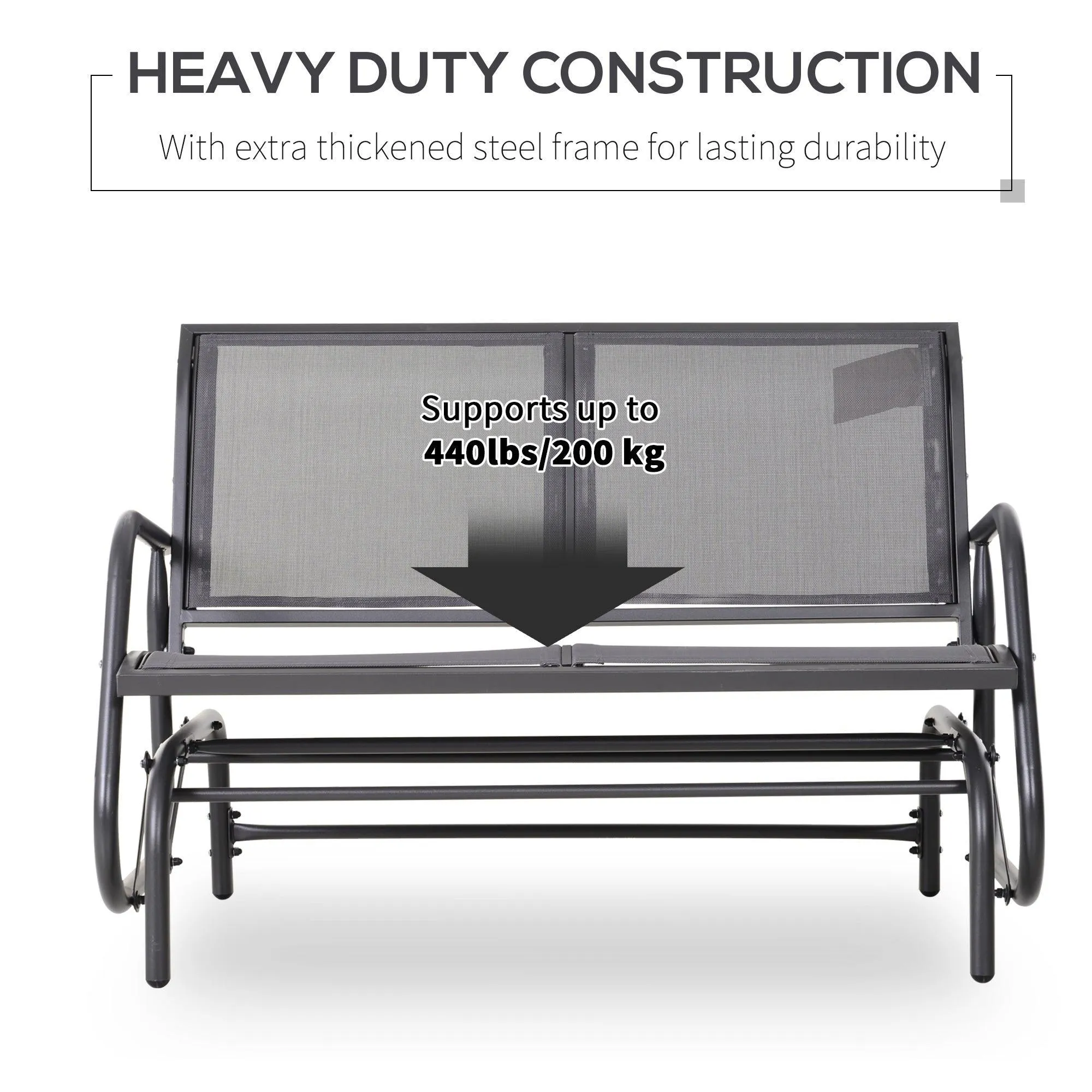 2-Person Outdoor Glider Bench, Gray, with Powder-Coated Steel Frame