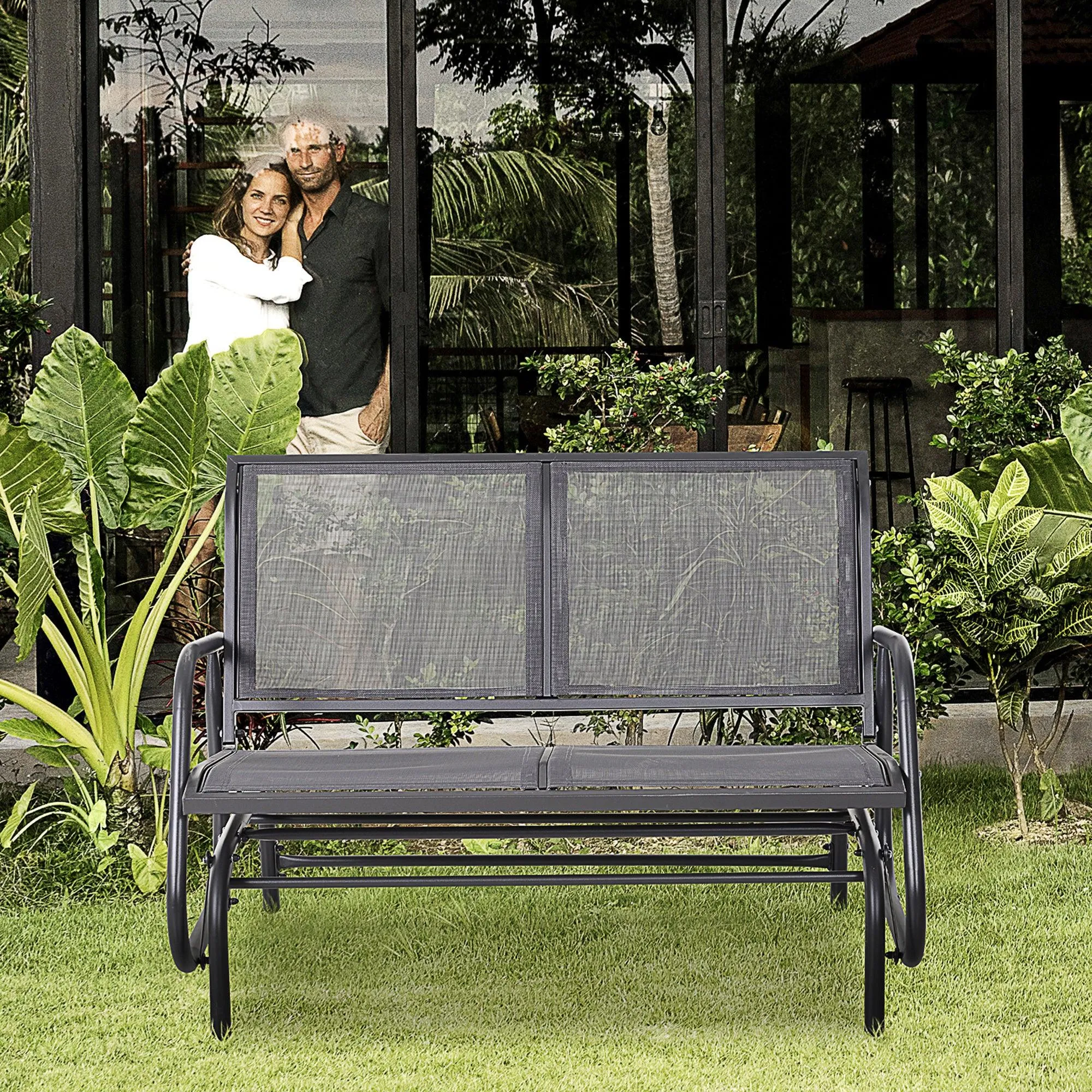 2-Person Outdoor Glider Bench, Gray, with Powder-Coated Steel Frame