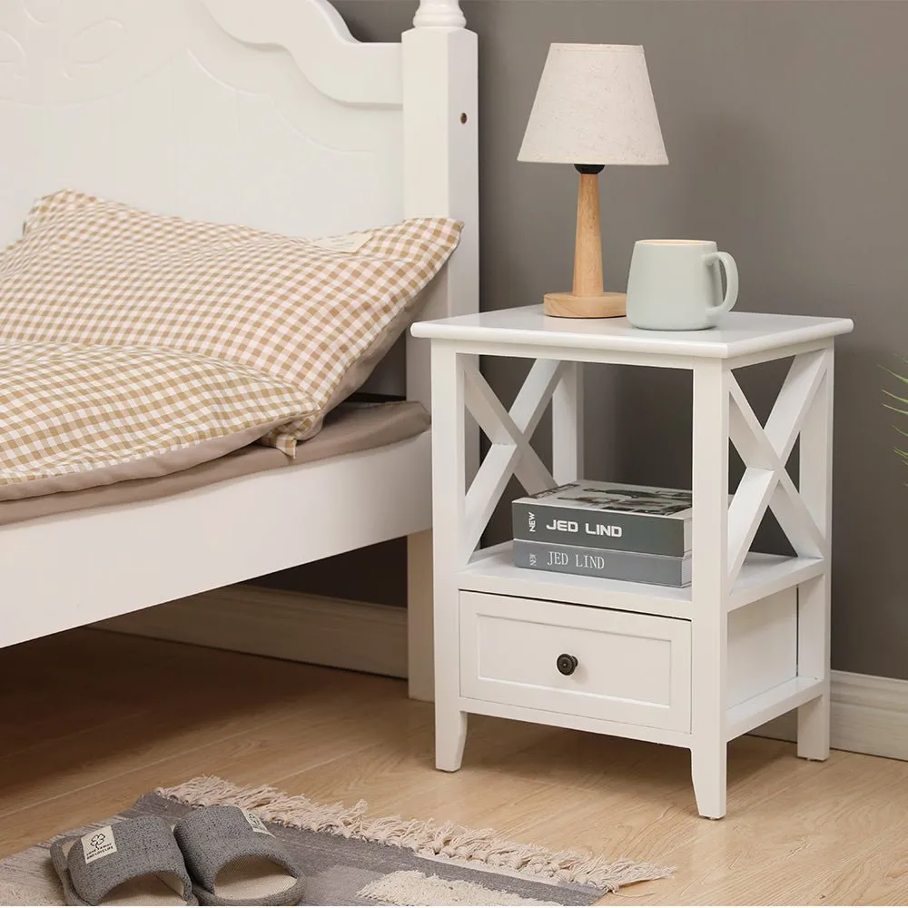 2-tier Bedside Table with Storage Drawer 2 PC &#8211; Rustic White