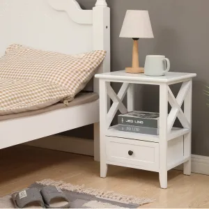 2-tier Bedside Table with Storage Drawer 2 PC &#8211; Rustic White