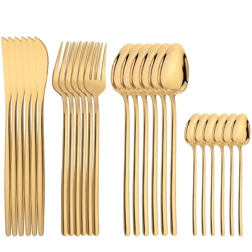 24 Piece Gold Stainless Steel Flatware Set For Kitchen Dining