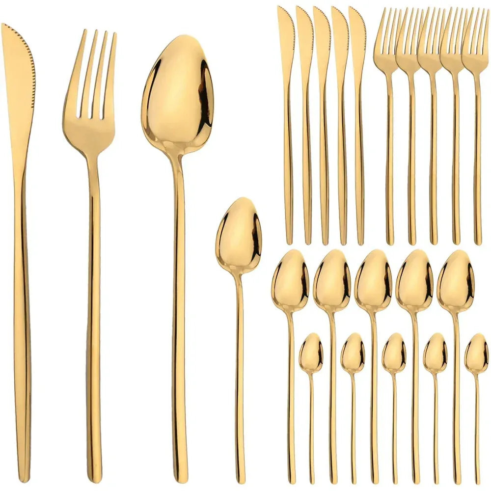 24 Piece Gold Stainless Steel Flatware Set For Kitchen Dining