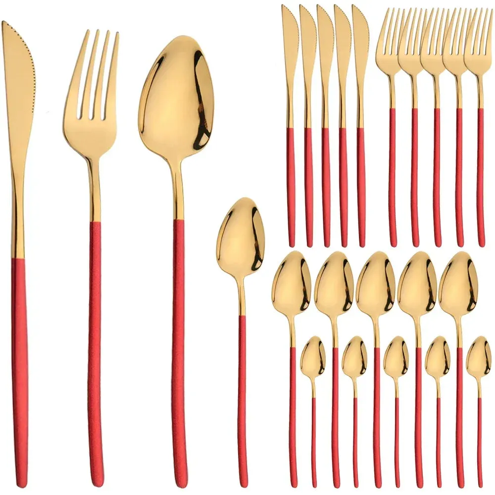 24 Piece Gold Stainless Steel Flatware Set For Kitchen Dining