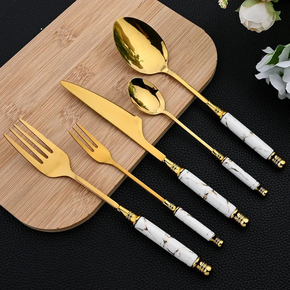 30 Piece Stainless Steel Dinnerware Set With Ceramic Handles