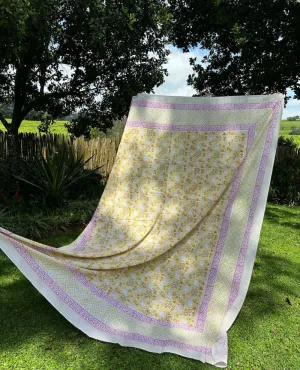 Block Print Yellow and Pink Floral Table Cloth Large
