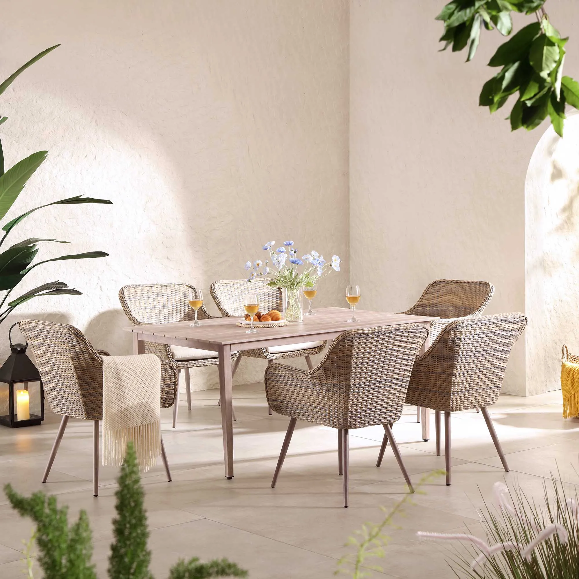 Cliveden Outdoor Aluminium Washed Wood Effect and Round Wicker Rattan 6-Seater Dining Set