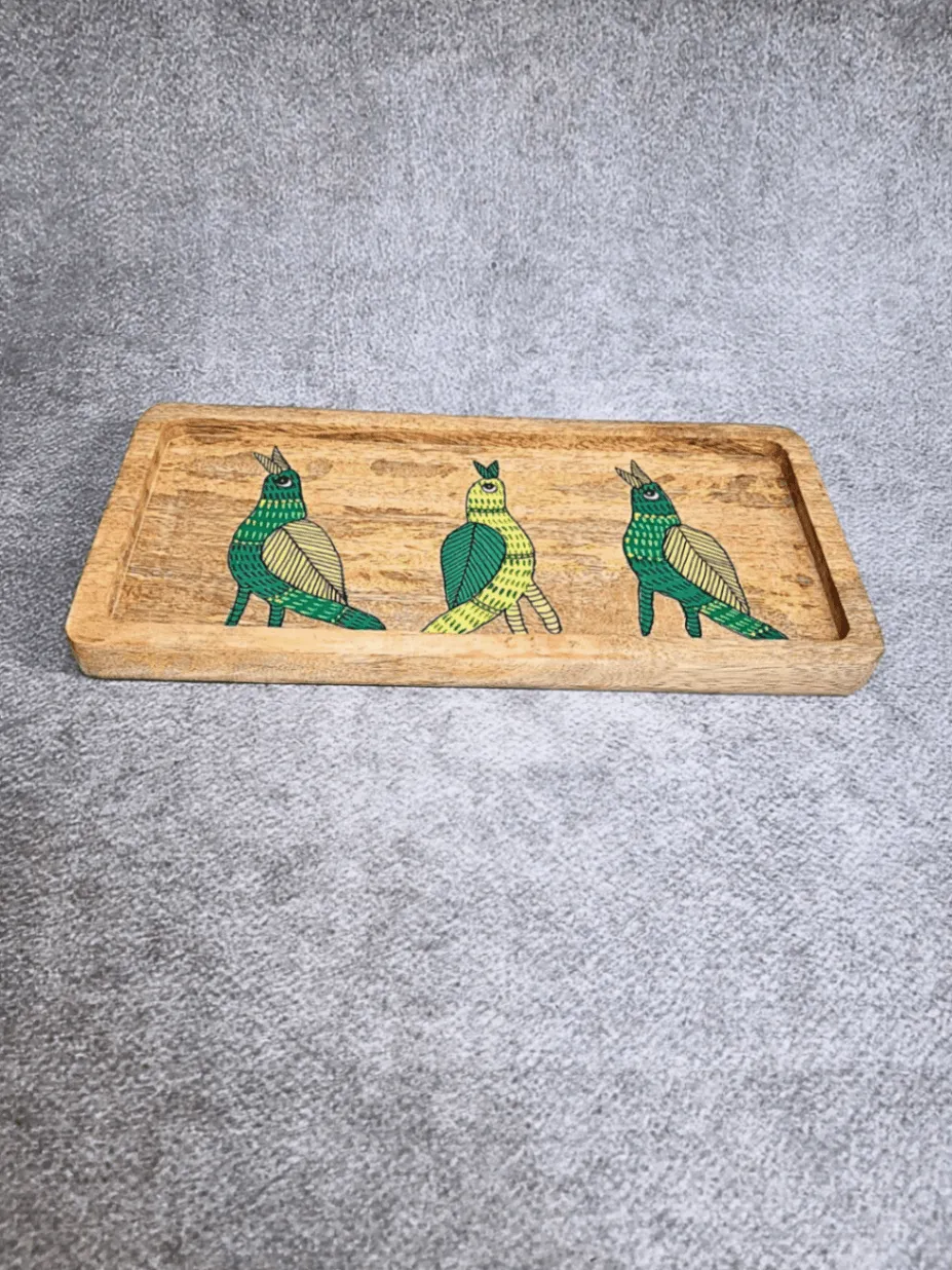 Gond Tray Green Birds Motif