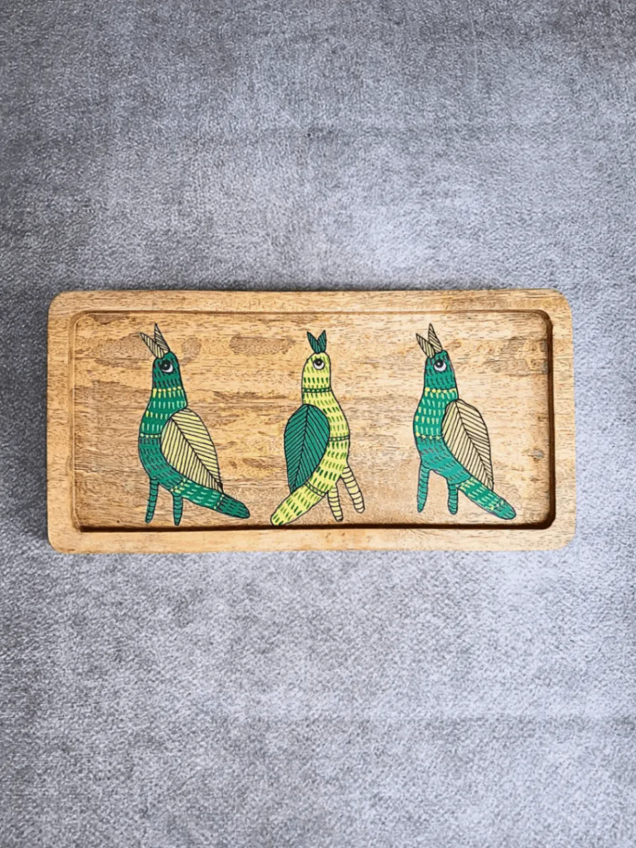 Gond Tray Green Birds Motif