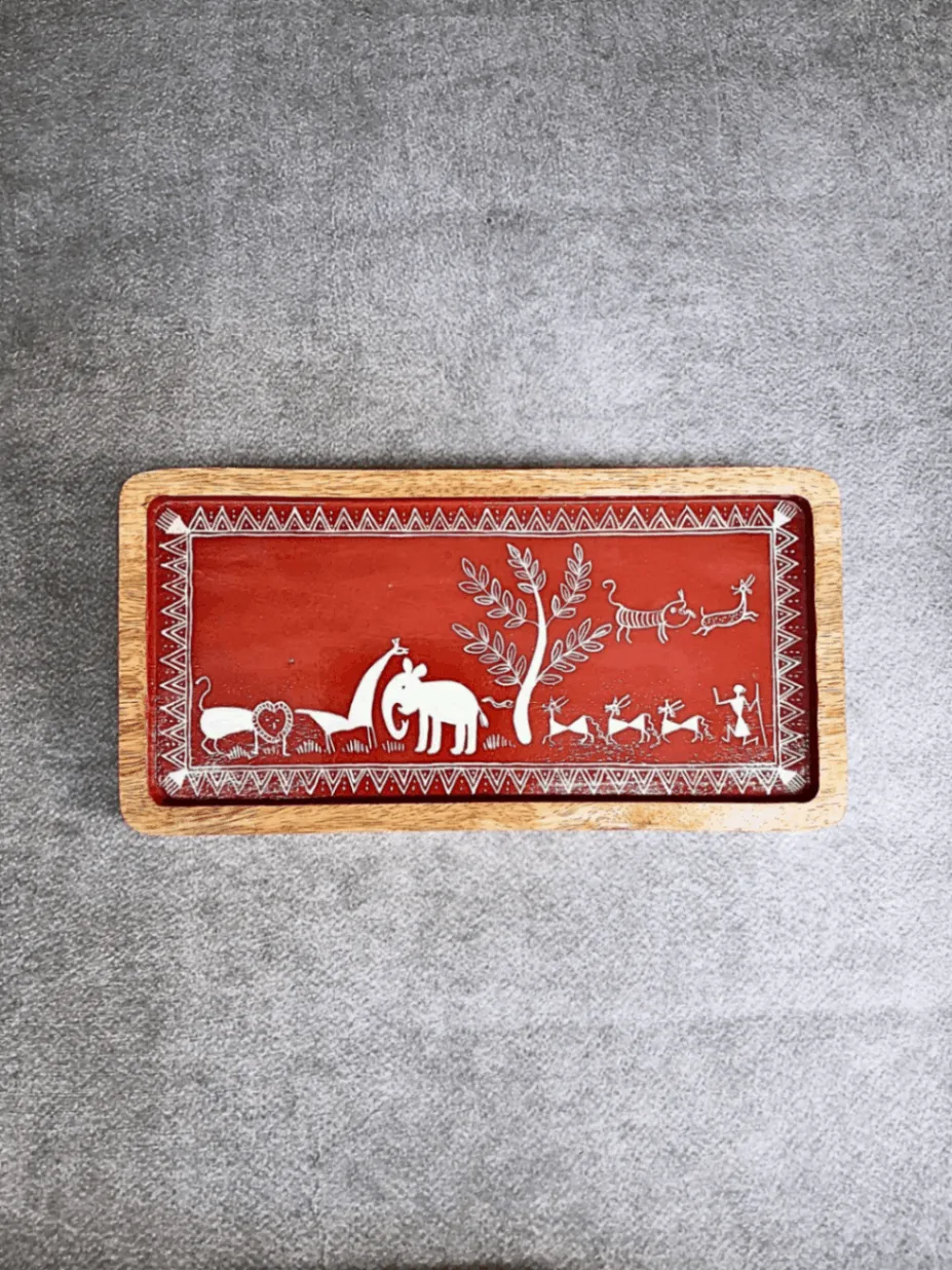 Warli Tray Red Animals Motif