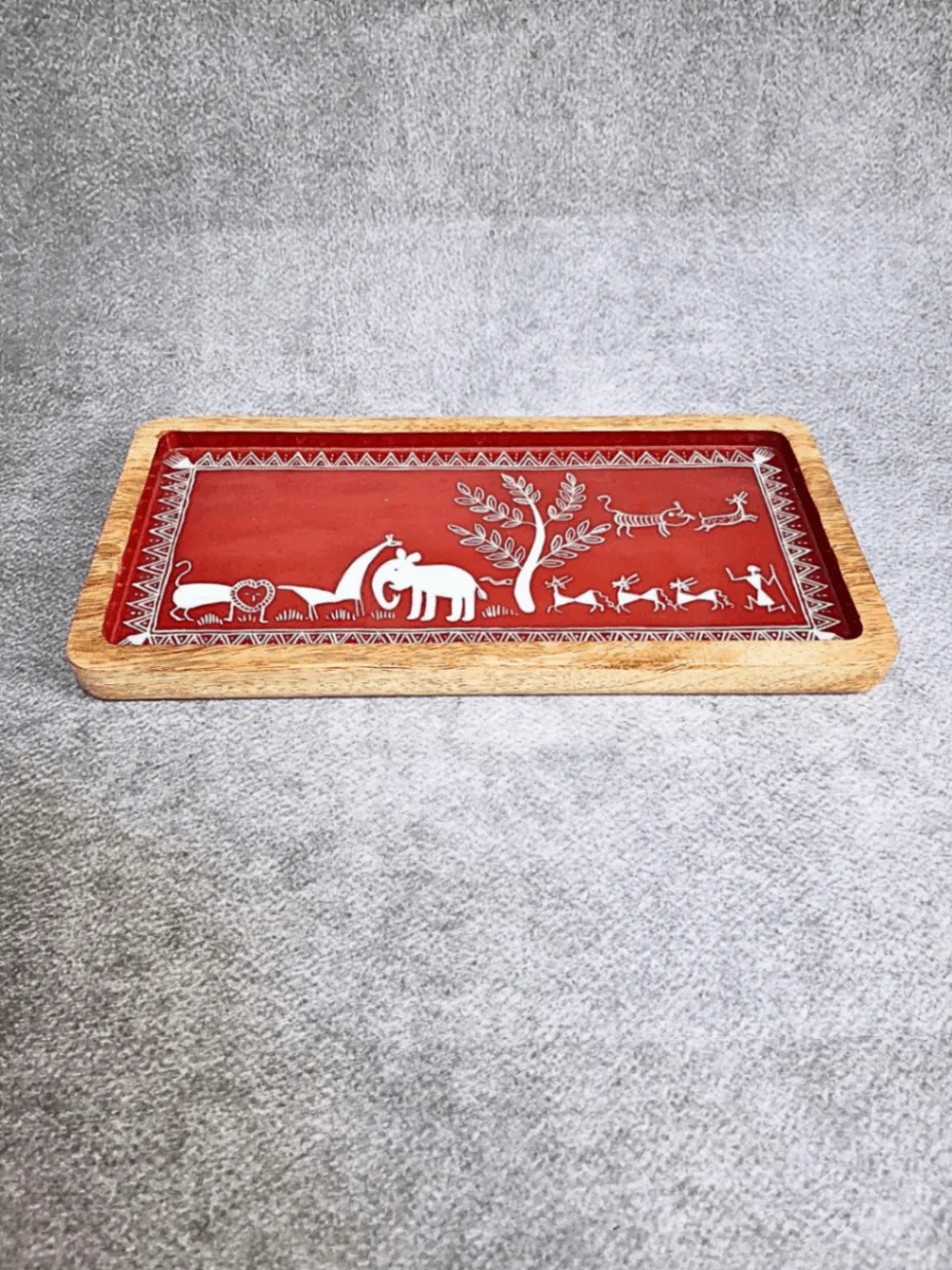 Warli Tray Red Animals Motif